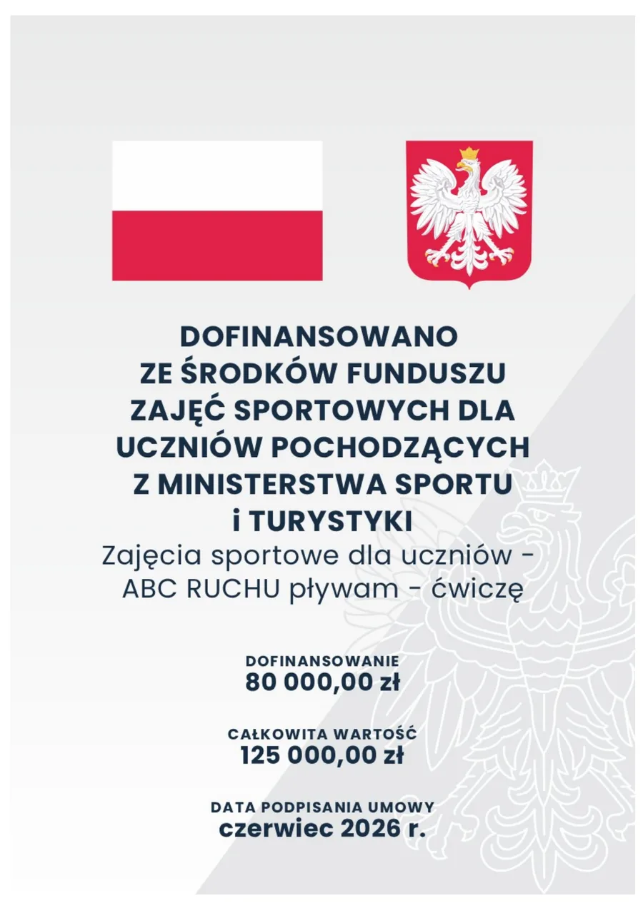 Plakat informacyjny: zadanie „Zajęcia sportowe dla uczniów – ABC RUCHU pływam – ćwiczę” dofinansowane ze środków budżetu państwa, Fundusz Zajęć Sportowych dla Uczniów. Dofinansowanie 80 000,00 zł, całkowita wartość 125 000,00 zł.